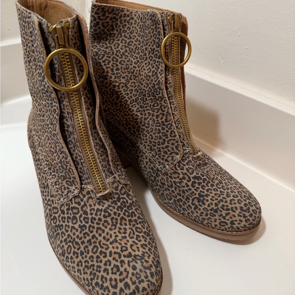Lucky Brand Leopard Print Ankle Boots with Gold Ring Zipper